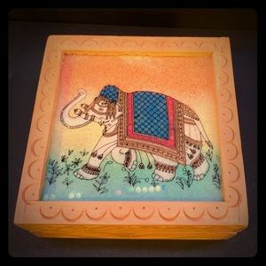 Carved Wooden Trinket Box with Elephant Art